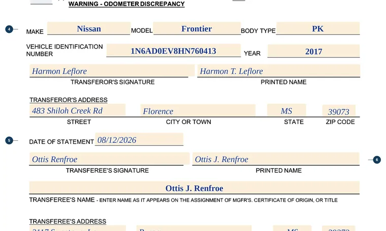 Part of our filled-in example of Mississippi 78-015, Odometer Disclosure Statement, showing the filled-in entries