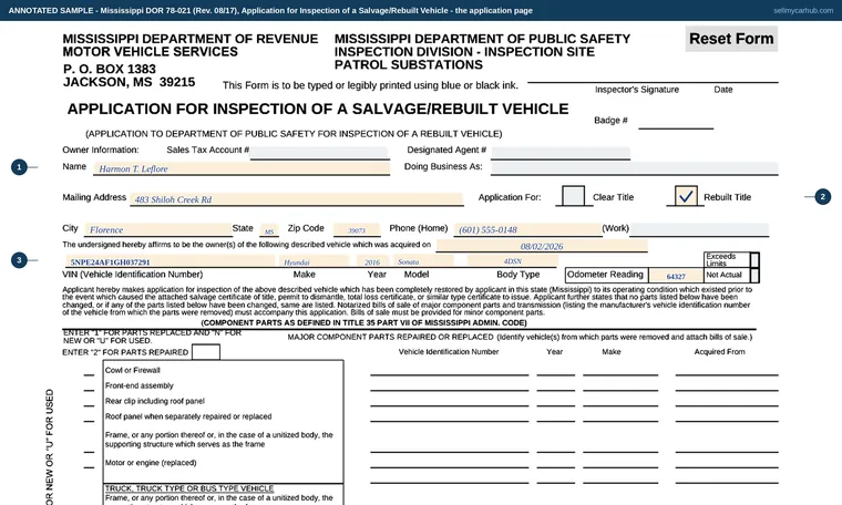 Top of our filled-in example of Mississippi 78-021, Application for Inspection of a Salvage/Rebuilt Vehicle