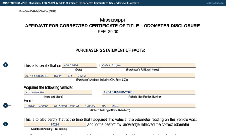 Top of our filled-in example of Mississippi 78-023, Affidavit for Corrected Certificate of Title - Odometer Disclosure