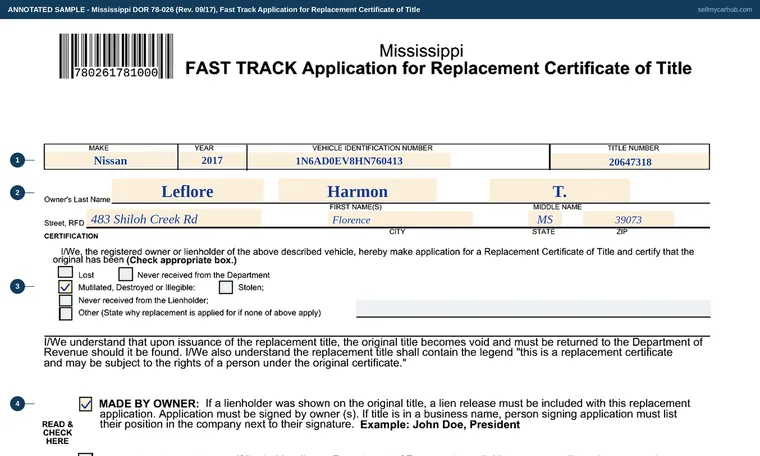 Top of our filled-in example of Mississippi 78-026, Fast Track Application for Replacement Certificate of Title