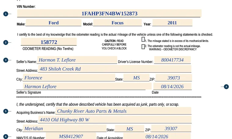 Part of our filled-in example of Mississippi 78-031, Certification to Cancel Title for Scrapped, Dismantled or Destroyed Vehicle, showing the filled-in entries