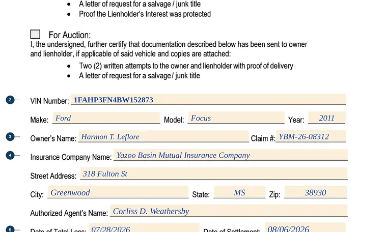 Part of our filled-in example of Mississippi 78-032, Total Loss Claim Application for Certificate of Title, showing the filled-in entries