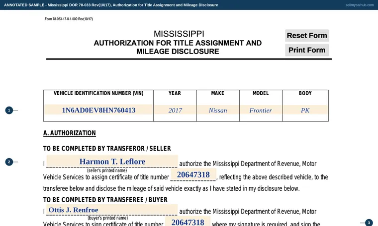 Top of our filled-in example of Mississippi 78-033, Authorization for Title Assignment and Mileage Disclosure