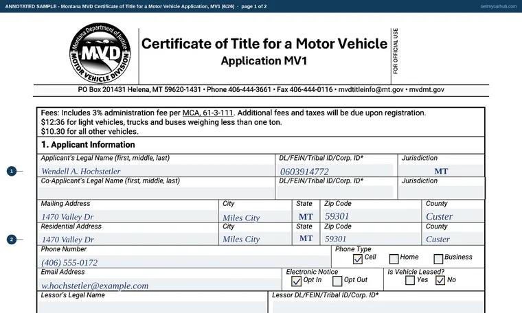 Top of page 1 of our filled-in example of Montana MV1, Certificate of Title for a Motor Vehicle Application