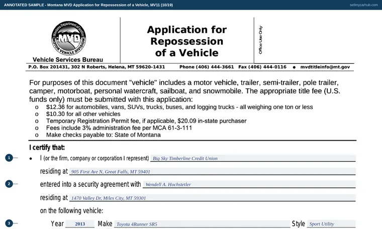 Top of our filled-in example of Montana MV11, Application for Repossession of a Vehicle