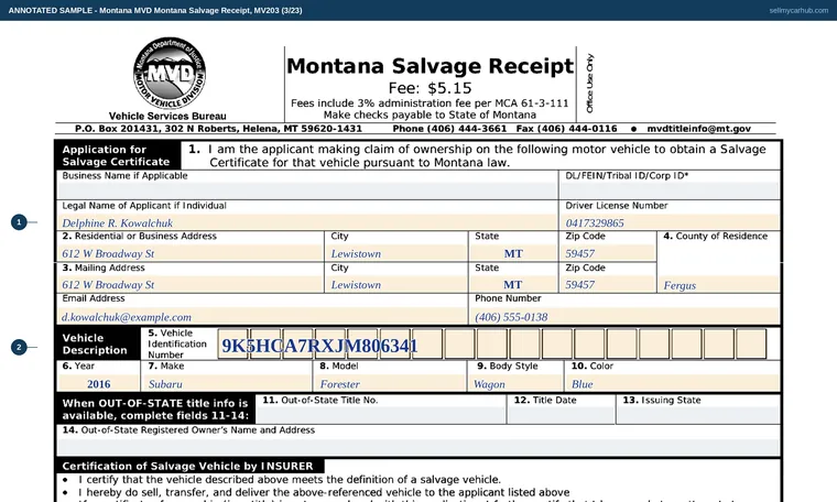Top of our filled-in example of Montana MV203, Montana Salvage Receipt