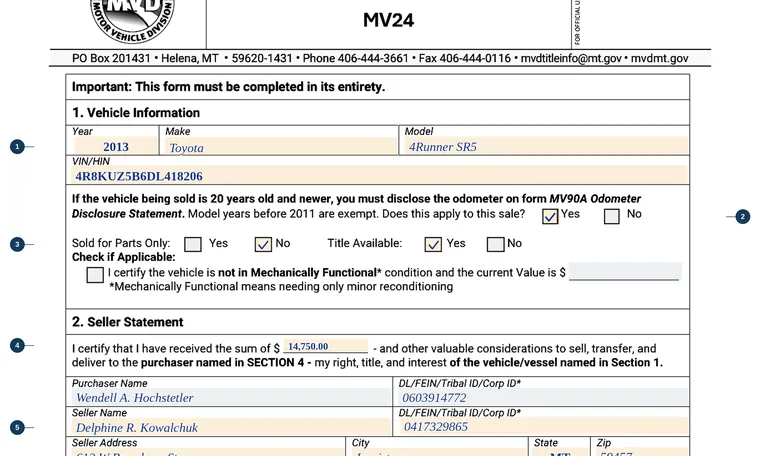 Part of page 1 of our filled-in example of Montana MV24, Bill of Sale, showing the filled-in entries