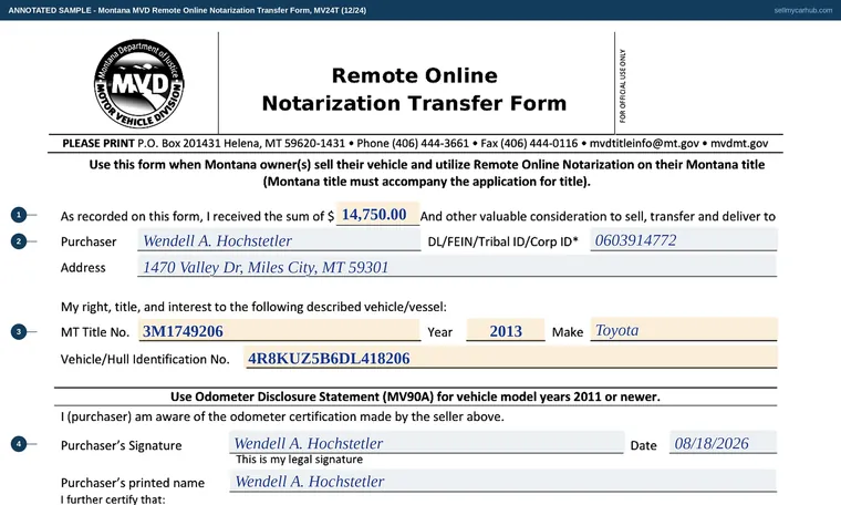 Top of our filled-in example of Montana MV24T, Remote Online Notarization Transfer Form