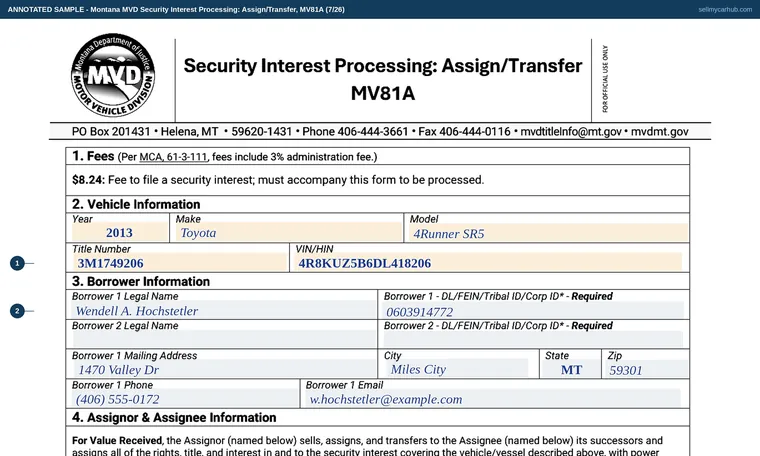 Top of our filled-in example of Montana MV81A, Security Interest Processing: Assign/Transfer