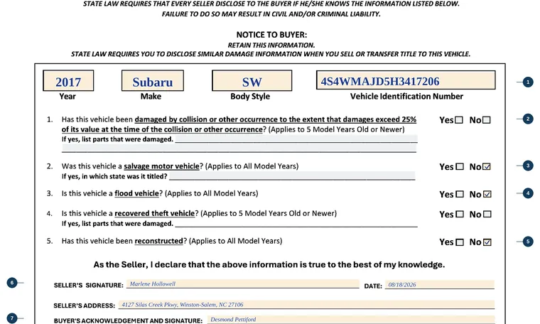 Part of our filled-in example of North Carolina MVR-181, Damage Disclosure Statement, showing the filled-in entries