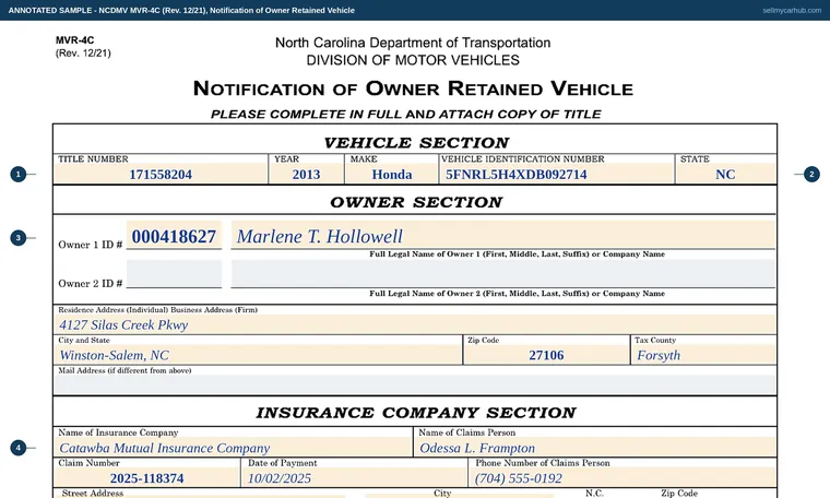 Top of our filled-in example of North Carolina MVR-4C, Notification of Owner Retained Vehicle