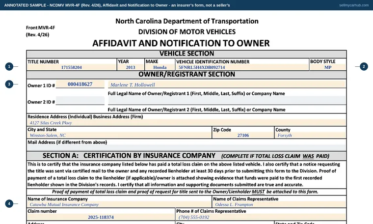 Top of our filled-in example of North Carolina MVR-4F, Affidavit and Notification to Owner