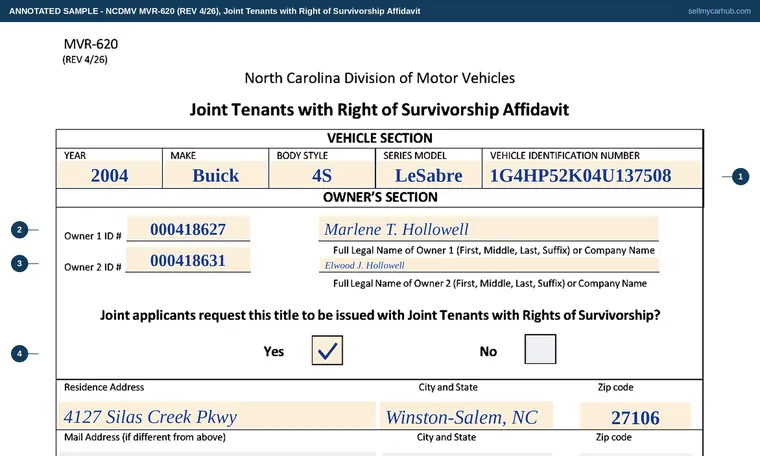 Top of our filled-in example of North Carolina MVR-620, Joint Tenants with Right of Survivorship Affidavit