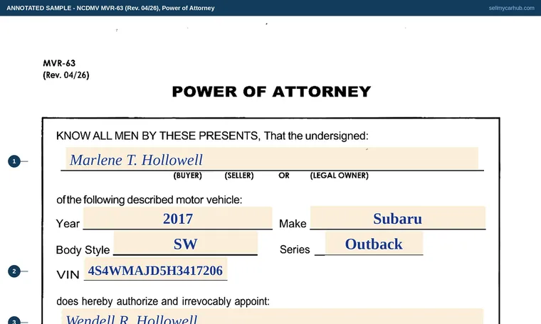 Top of our filled-in example of North Carolina MVR-63, Power of Attorney