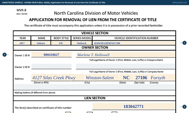 Top of our filled-in example of North Carolina MVR-8, Application for Removal of Lien from the Certificate of Title