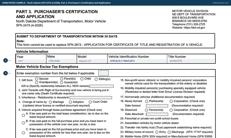 Top of our filled-in example of North Dakota SFN 2475, Part 3, Purchaser's Certification and Application