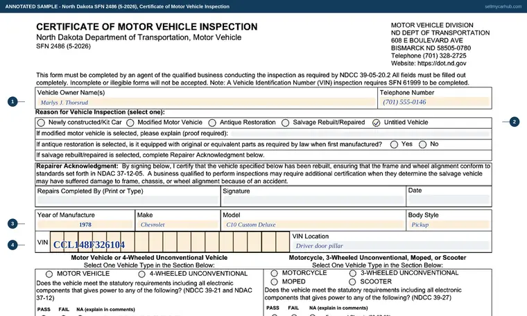 Top of our filled-in example of North Dakota SFN 2486, Certificate of Motor Vehicle Inspection