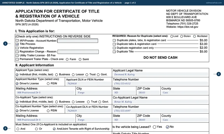 Top of page 1 of our filled-in example of North Dakota SFN 2872, Application for Certificate of Title and Registration of a Vehicle