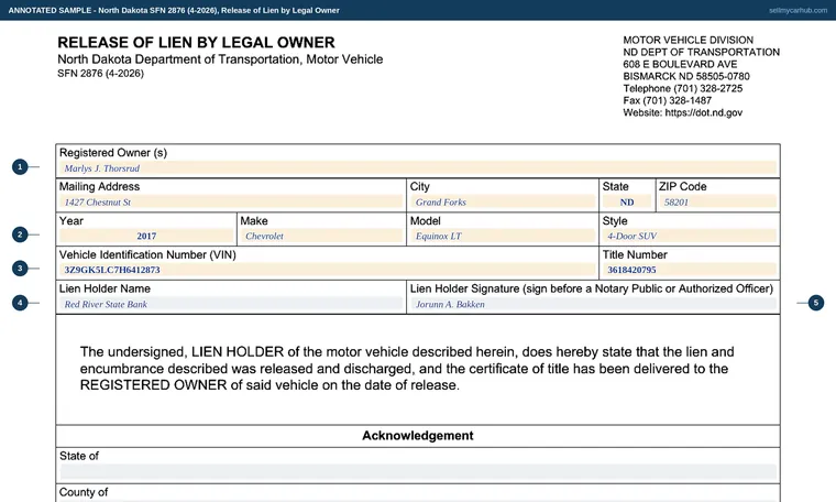 Top of our filled-in example of North Dakota SFN 2876, Release of Lien by Legal Owner