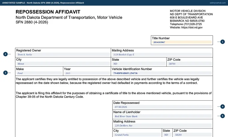 Top of our filled-in example of North Dakota SFN 2880, Repossession Affidavit