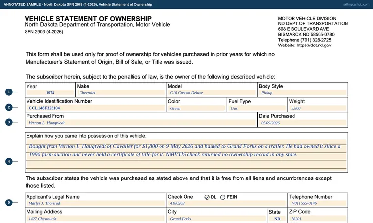 Top of our filled-in example of North Dakota SFN 2903, Vehicle Statement of Ownership