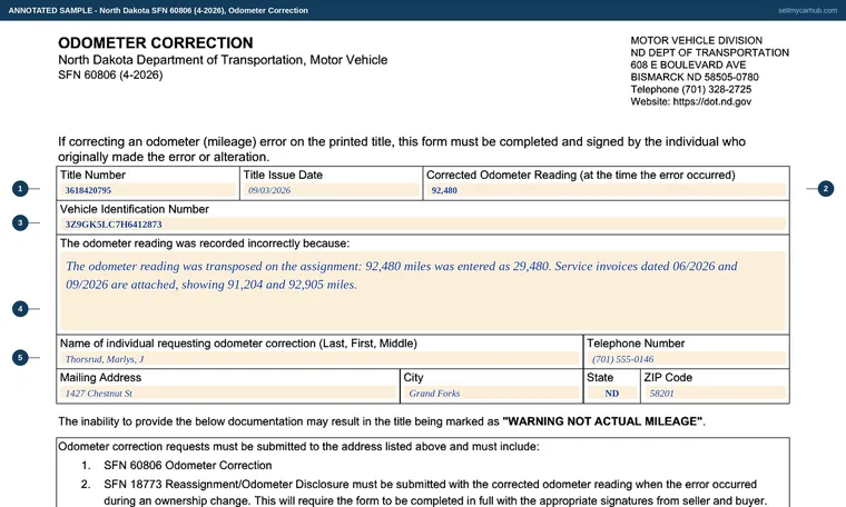 Top of our filled-in example of North Dakota SFN 60806, Odometer Correction