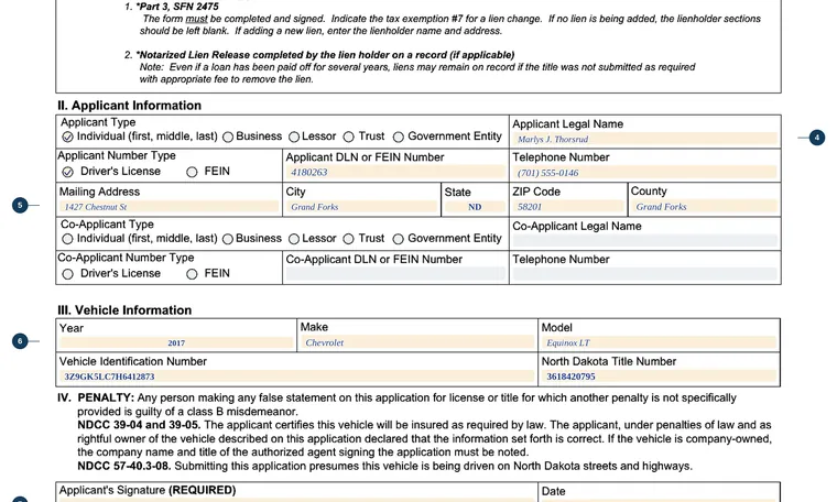 Part of our filled-in example of North Dakota SFN 61982, Application for Duplicate Credentials, showing the filled-in entries