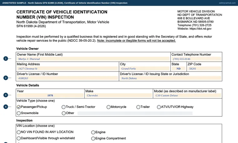 Top of our filled-in example of North Dakota SFN 61999, Certificate of Vehicle Identification Number (VIN) Inspection