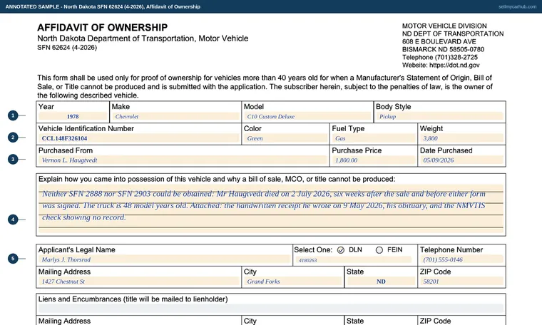 Top of our filled-in example of North Dakota SFN 62624, Affidavit of Ownership
