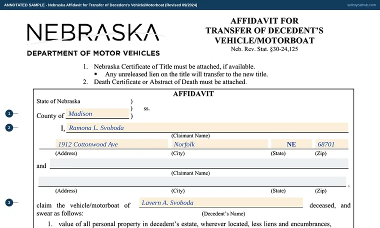 Top of our filled-in example of Nebraska Decedent Affidavit, Affidavit for Transfer of Decedent's Vehicle/Motorboat