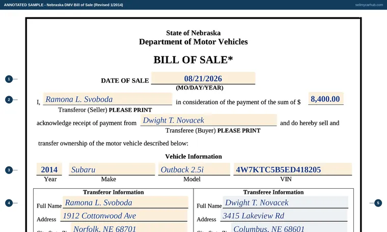 Top of our filled-in example of Nebraska Bill of Sale, Motor Vehicle Bill of Sale