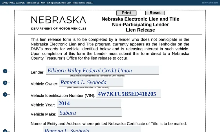 Top of our filled-in example of Nebraska Lien Release, Non-Participating Lender Lien Release