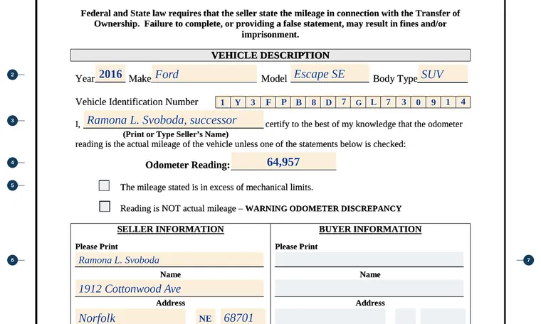 Part of our filled-in example of Nebraska Odometer Statement, Odometer Disclosure Statement, showing the filled-in entries