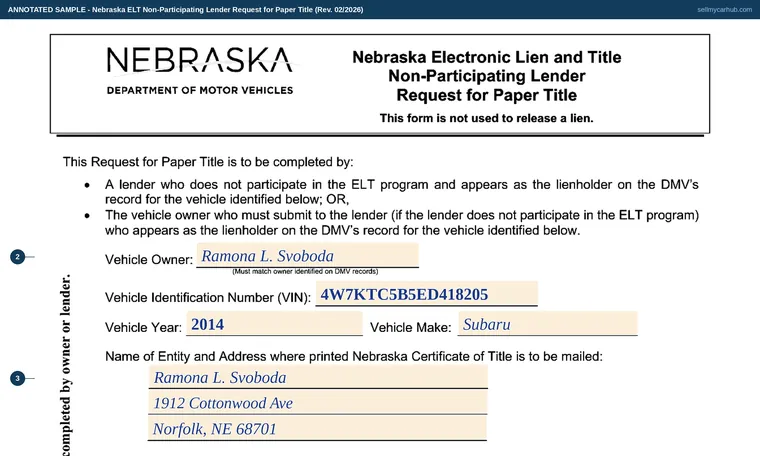 Top of our filled-in example of Nebraska Paper Title Request, Non-Participating Lender Request for Paper Title