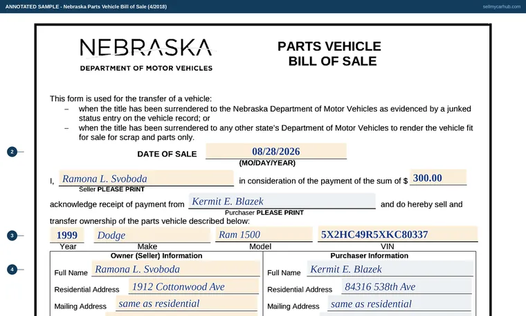 Top of our filled-in example of Nebraska Parts Bill of Sale, Parts Vehicle Bill of Sale