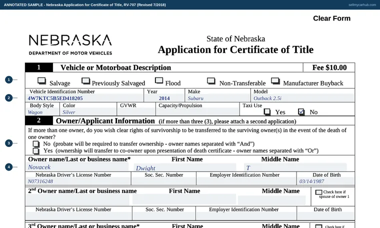 Top of our filled-in example of Nebraska RV-707, Application for Certificate of Title