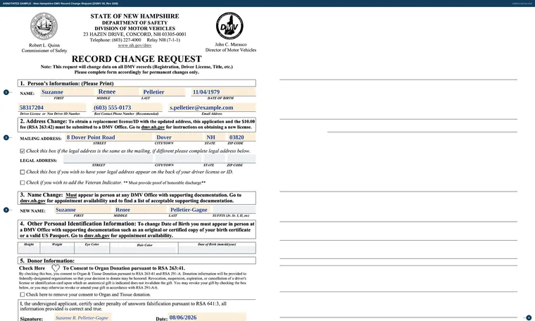 Top of our filled-in example of New Hampshire DSMV 30, Record Change Request