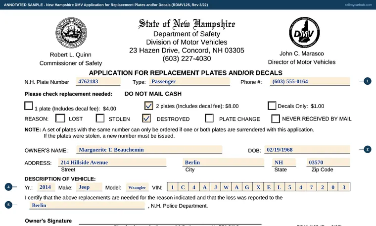 Top of our filled-in example of New Hampshire RDMV 125, Application for Replacement Plates and/or Decals
