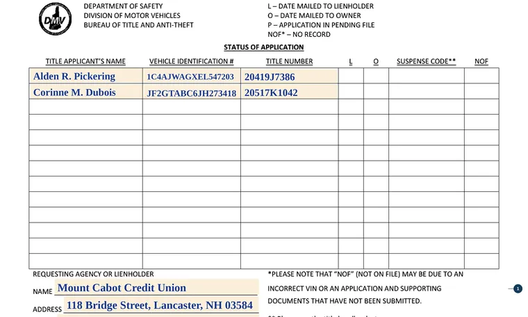 Part of our filled-in example of New Hampshire TDMV 10, Status of Application Sheet, showing the filled-in entries