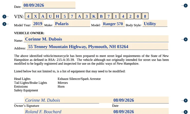 Part of our filled-in example of New Hampshire TDMV 114, Statement of Fact, showing the filled-in entries