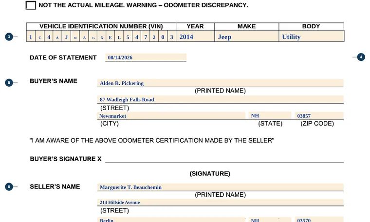 Part of our filled-in example of New Hampshire TDMV 12, Odometer Disclosure Statement, showing the filled-in entries