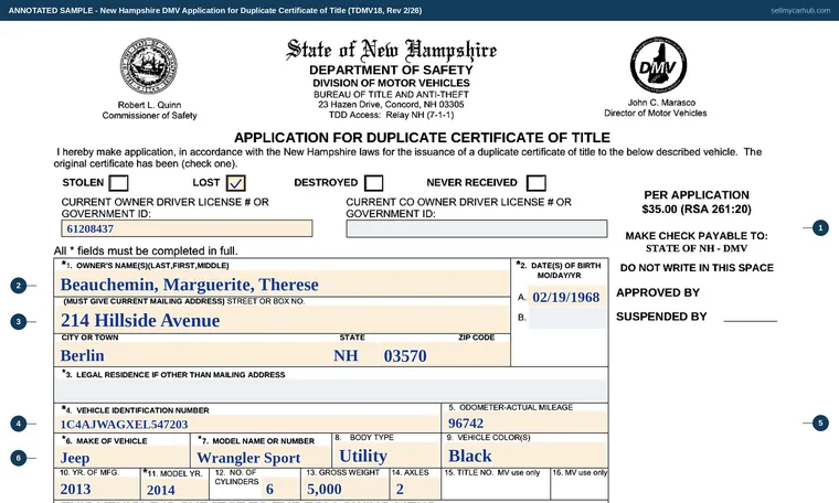Top of our filled-in example of New Hampshire TDMV 18, Application for Duplicate Certificate of Title