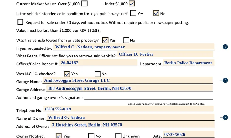 Part of our filled-in example of New Hampshire TDMV 71, Notice of Removal, showing the filled-in entries