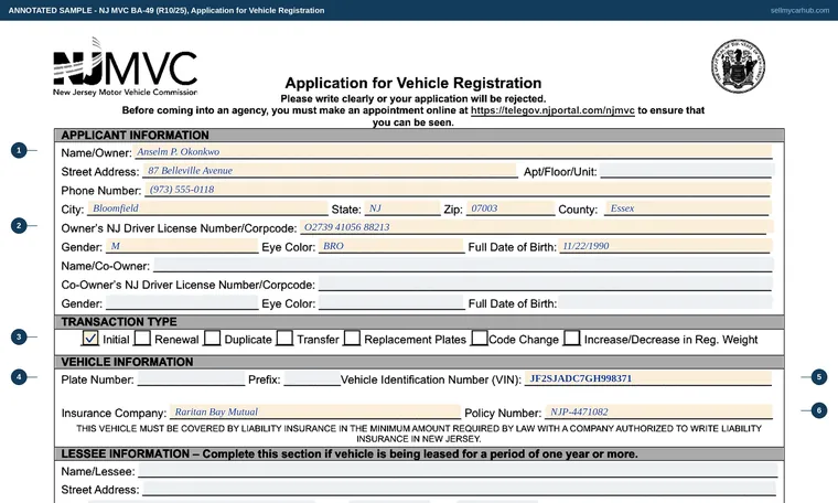 Top of our filled-in example of New Jersey BA-49, Application for Vehicle Registration