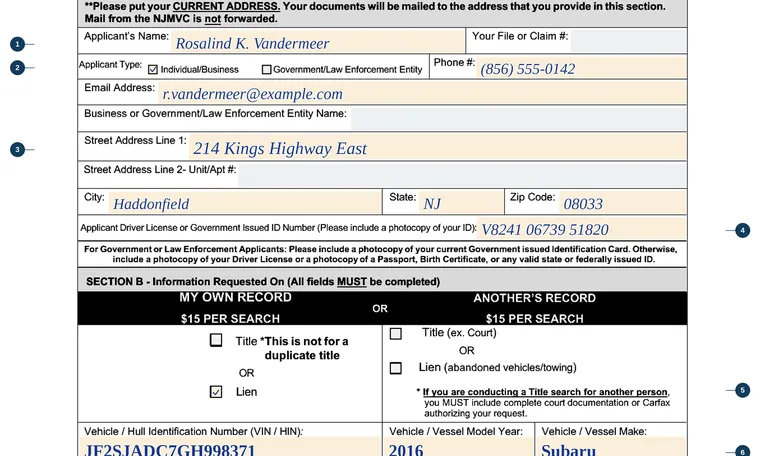 Part of page 1 of our filled-in example of New Jersey DO-22, Title/Lien Search Request, showing the filled-in entries
