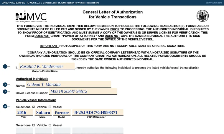 Top of our filled-in example of New Jersey LOA-1, General Letter of Authorization for Vehicle Transactions