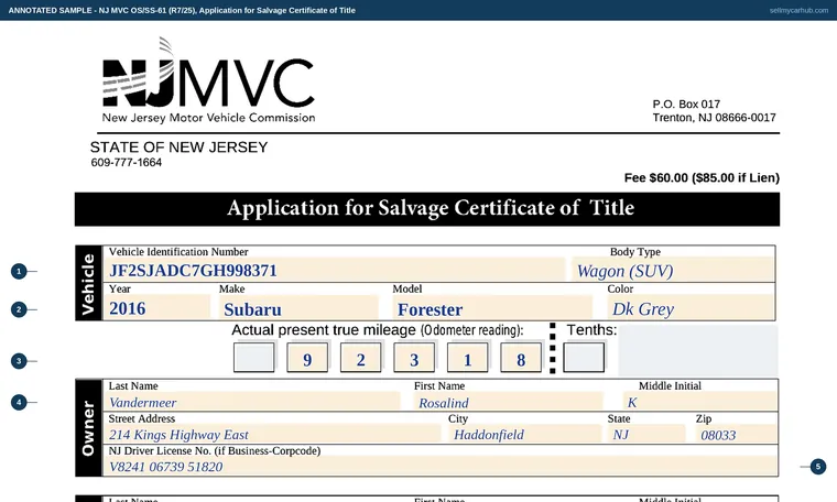 Top of our filled-in example of New Jersey OS/SS-61, Application for Salvage Certificate of Title