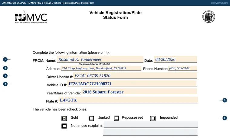 Top of our filled-in example of New Jersey RSC-6, Vehicle Registration/Plate Status Form