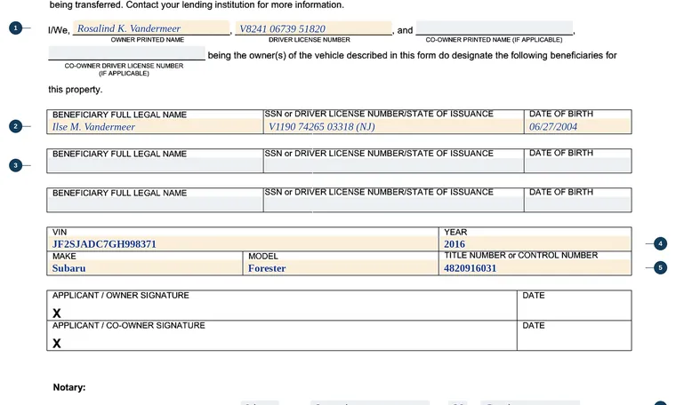 Part of our filled-in example of New Jersey Transfer on Death Beneficiary Designation, Transfer on Death Beneficiary Designation, showing the filled-in entries