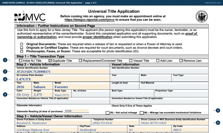 Top of page 1 of our filled-in example of New Jersey OS/SS-UTA, Universal Title Application